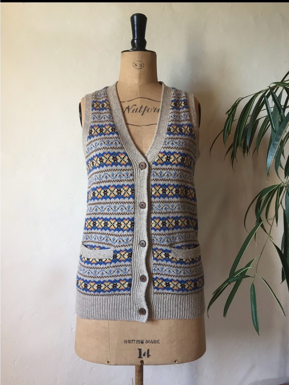Ralph Lauren Gray Fair Isle Wool-Blend Button Vest with Blue & Yellow Accents
